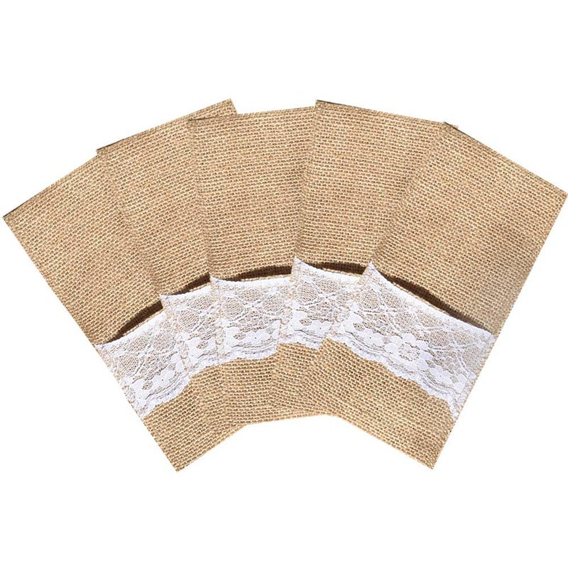 Bodosac Awtlife 60 Packs Xmas Burlap Lace Utensil Holders Silverware Cutlery Pouch Knifes Forks Bag for Vintage Wedding - Image 4